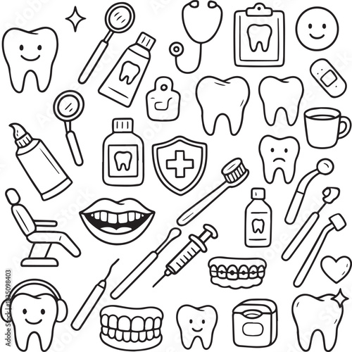 Hand-drawn doodle vector illustration of dental care elements: teeth, toothpaste, toothbrush, mouthwash, dentist chair and treatment tools in simple black and white line art for dentistry, medical des
