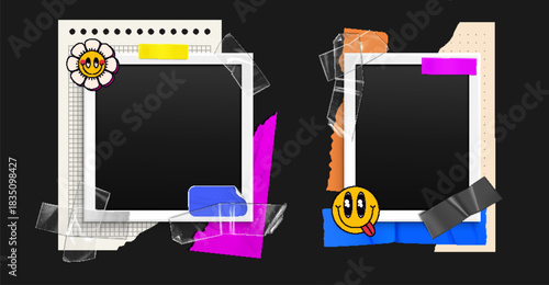 Instant photo frames set isolated on black. Vector realistic illustration of y2k collage with pictures, retro stickers, torn paper notes attached with wrinkled sticky tape, vintage scrapbook elements