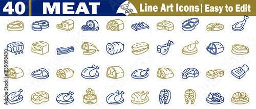 Premium fresh meat icons set with steaks and poultry vector line art icons design. 