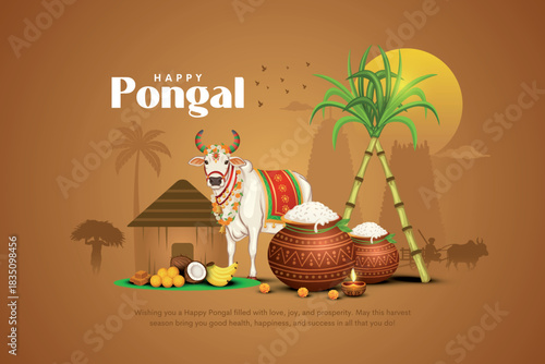 Vector illustration of Happy Pongal Holiday Harvest Festival of Tamil Nadu South India greeting vector background