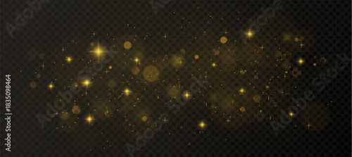 Golden star dust particles with bokeh effect on transparent background. Vector realistic illustration of sparkling gold glitter, shimmering confetti overlay, magic firework, festive warm lights