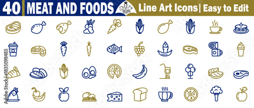 Set of meat and food line art icons for web, mobile app ui design infographics, vector illustration. 