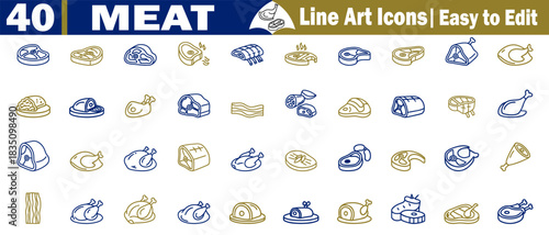 Superior fresh meat icons set featuring different steaks vector line art icons design. 