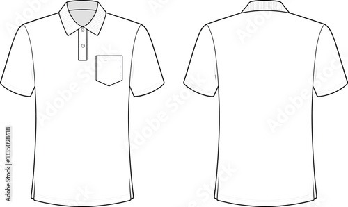 Technical fashion flat template sketch for a men's classic short-sleeve pique polo shirt with ribbed collar, placket, and patch pocket, showing front and back views.