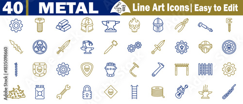 Collection of forty metal line art icons featuring industrial steampunk and mechanical elements.