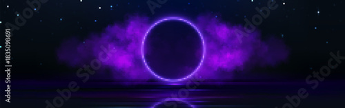 Neon light portal, color smoke on black background. Vector realistic illustration of futuristic round arch space portal, mysterious purple fog clouds under glowing stars, magic hologram gate for game