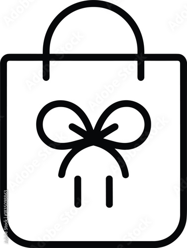Minimalist Outline Icon of a Shopping Bag Decorated with a Simple Bow or Ribbon for Gift, E-commerce, and Retail Service Applications
