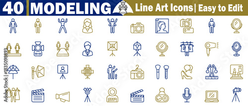 Man and woman in a modeling studio, line art icons, easy to edit, design style concept. 