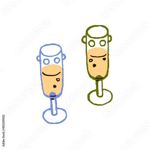 Two champagne glasses with sparkling bubbly fizzy wine, festive alcohol drink with bubbles. Whimsical doodle style champ beverage in wineglasses. Flat vector illustration isolated on white background