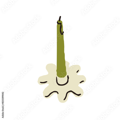 Modern trendy style taper candle in decorative flower-shaped holder. Light decoration, cozy handcrafted interior decor, candleholder, candlestick. Flat vector illustration isolated on white background