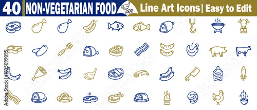 Set of forty non-vegetarian food line art icons, easy to edit and customizable vector illustration. 