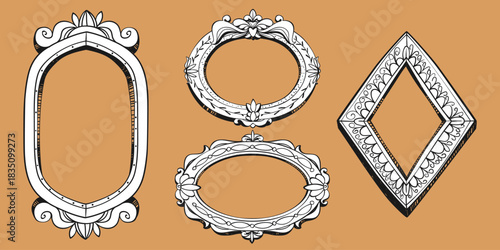 Y2k hand drawn vintage frame set with antique ornamental borders - oval mirror or photo holder and diamond shaped doodle designs. Black outline vector collection by retro decorative style.