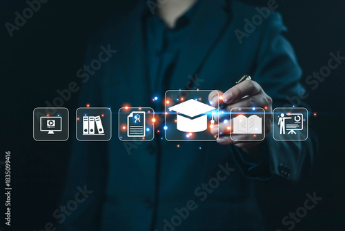 A person interacting with digital education icons representing online learning, courses, certification, training materials, modern e-learning systems for innovative remote study and skill development.