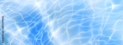 Pool water texture with rippling surface patterns and shimmering caustic reflections. Blue liquid background with realistic wave effects, sunlight overlay and aquatic elements for summer graphics.