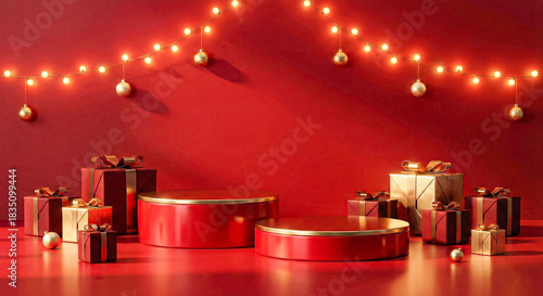 Christmas product podium background with golden gift boxes and festive lights

