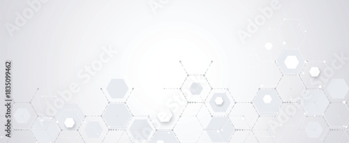 Futuristic molecule science background with hexagons, DNA strands, connected neural web