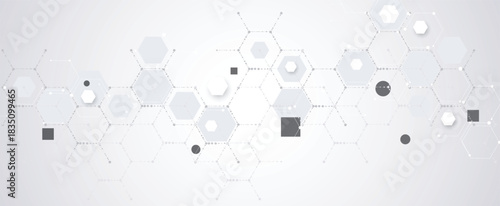 Futuristic molecule science background with hexagons, DNA strands, connected neural web