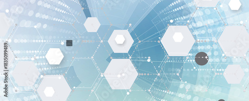 Futuristic molecule science background with hexagons, DNA strands, connected neural web