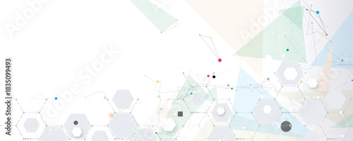 Futuristic molecule science background with hexagons, DNA strands, connected neural web