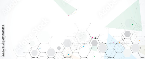 Futuristic molecule science background with hexagons, DNA strands, connected neural web