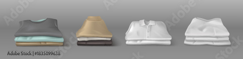 Folded cloth garments stack in realistic 3d style - clean shirt piles with textured fabric, laundry collection. Vector illustration of organized wardrobe elements for household and clothing design.