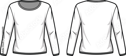 Technical fashion flat template sketch for a women's or unisex basic long-sleeve jersey t-shirt with crew neck and contrasting trim, showing front and back views.