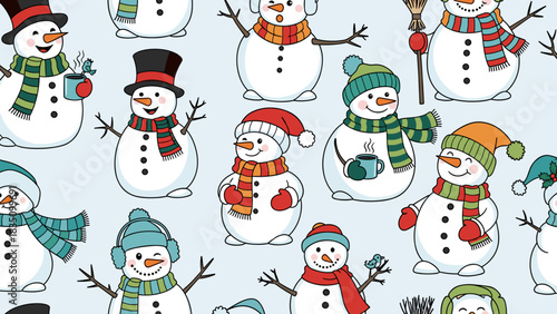 Colorful cartoon snowmen with accessories on light blue background, pattern