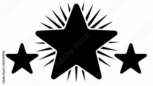 Three stars in black with a central star radiating light on a white background design element