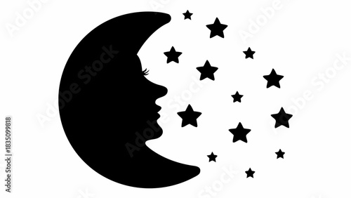 Silhouette of a crescent moon with a female face and scattered stars on a white background design element
