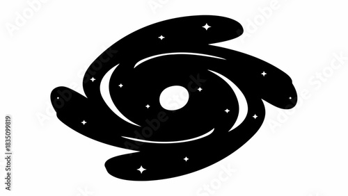 Stylized black and white galaxy with swirling arms and scattered stars illustration vector design