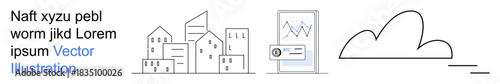 Urban planning, data visualization, cloud storage, architecture, technology, city design. Stylized cityscape, cloud symbol and analytics chart. Urban planning and data visualization concepts