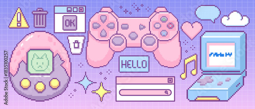 Retro pixel computer game icons collection. Vector illustration of 90s style pc, gamer console, digital toy, search bar, text cloud, info window, trash bin and warning sign, vintage software interface