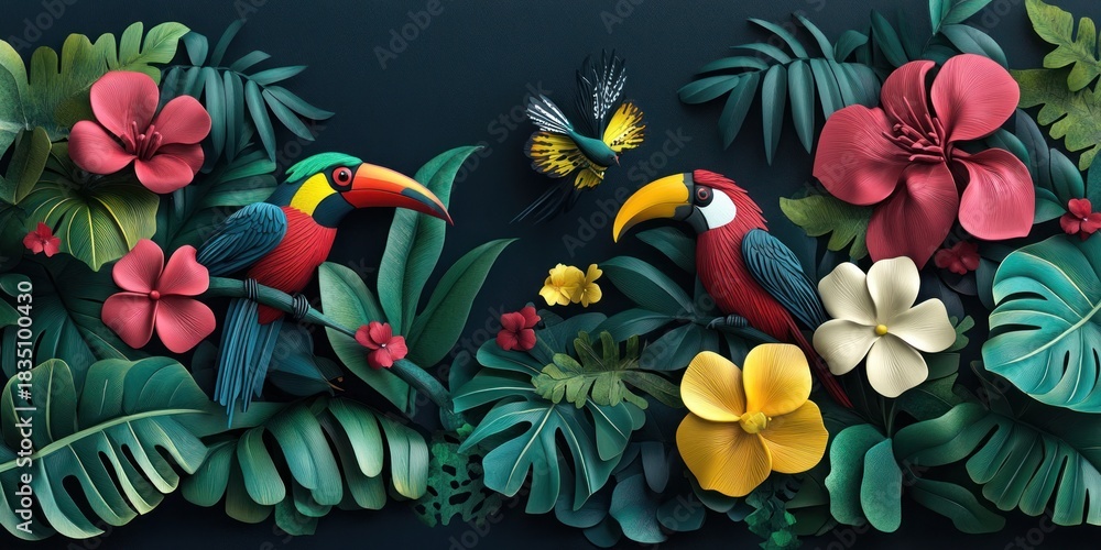 Obraz premium Vibrant Tropical Jungle Scene with Stylized Toucans, Exotic Flowers, and Lush Green Leaves in Paper Art Style
