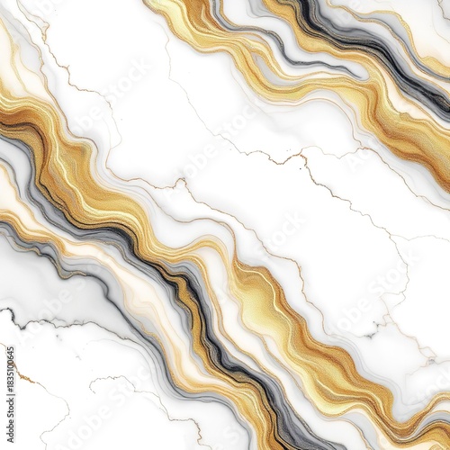 Abstract white background with gold and gray flowing lines creating a marble like texture effect