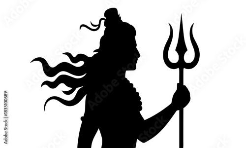 Dynamic Lord Shiva Profile Silhouette Holding Trident with Wavy, Flowing Hair Vector
