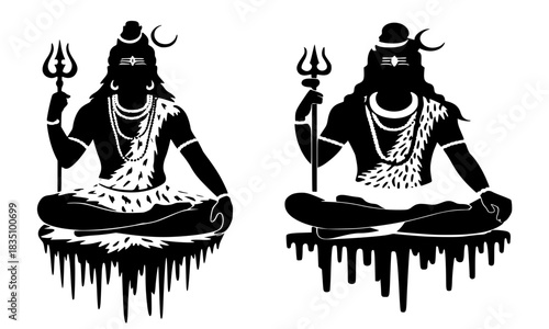 Meditating Lord Shiva Silhouette in Padmasana with Trident and Ganga Flowing Vector