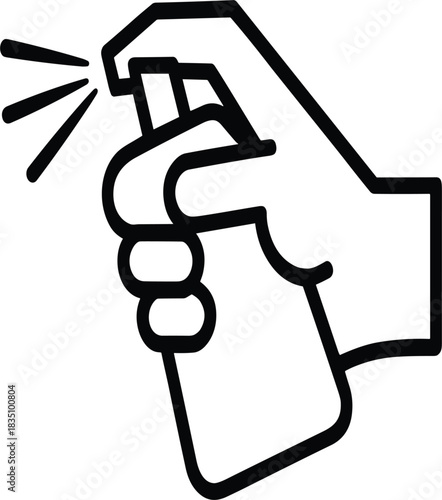 Minimalist Line Icon Vector of a Hand Squeezing a Trigger Spray Bottle, Representing Disinfectant, Cleaning, Sanitation, and Hygiene Concepts