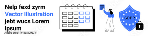 Data protection, GDPR compliance, digital rights, privacy management, cybersecurity, user interaction. Features a calendar, shield with GDPR and a person interacting. Data protection and GDPR