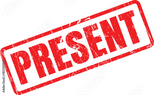 Present designation is boldly stamped with red ink within a rectangular frame, featuring distress marks