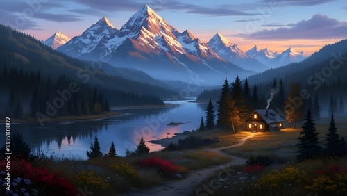 Cabin glows beside a lake reflecting snow capped mountains at dusk in a forest