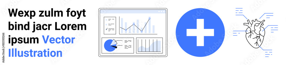Obraz premium Data dashboard charts, a blue medical cross, and a labeled heart diagram representing health analysis, research, and healthcare. Ideal for medical, education, analytics, research apps science
