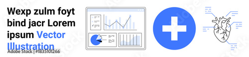 Data dashboard charts, a blue medical cross, and a labeled heart diagram representing health analysis, research, and healthcare. Ideal for medical, education, analytics, research apps science