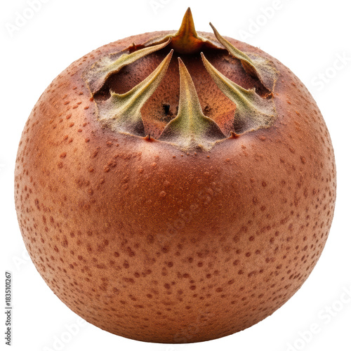 Single ripe brown medlar fruit with prominent calyx lobes on transparent background