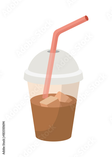 Coffee drink with ice cubes in glass with straw on white background. Cartoon illustration. Ice tea. Take away concept. Vector. Flat design