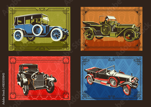 1920s Automobile Poster Set, Retro Cars Vector Illustrations, Old Vehicles, Art Deco Frames