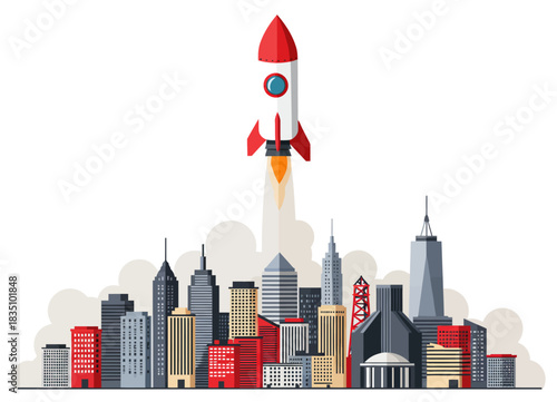 Rocket Launch Above Cityscape Business Startup Innovation Success Concept startup