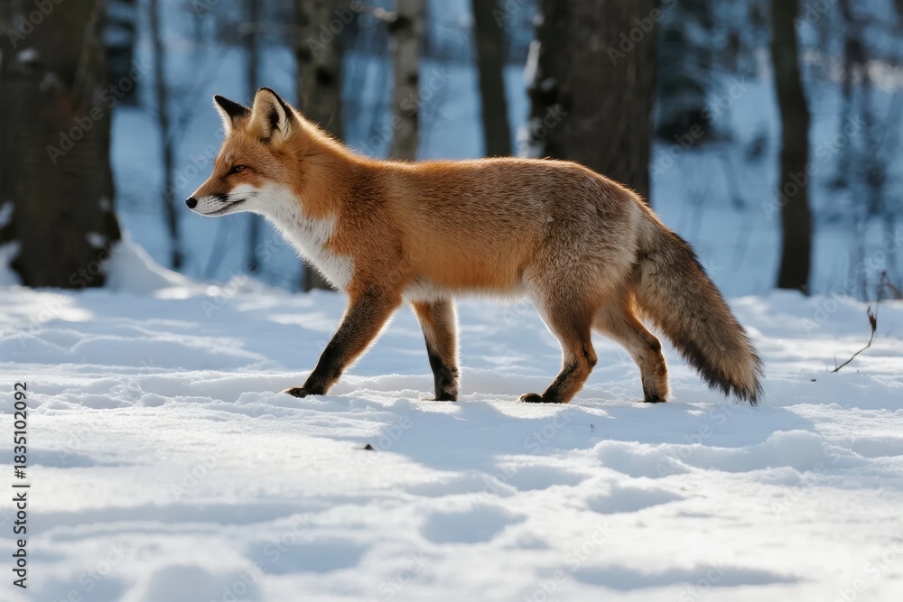 Fototapeta premium Red fox walking across snow-covered ground in a winter forest