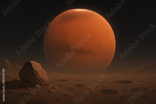 Vector Illustration of Mars floating above the cratered, low-gravity surface of Phobos