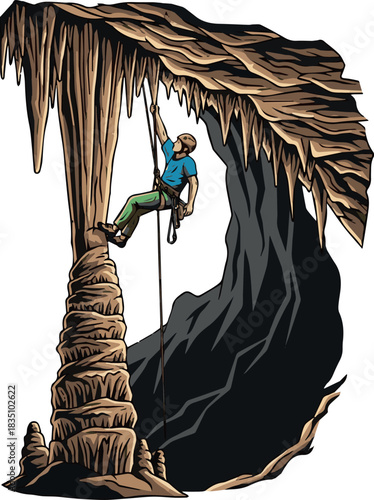 Create Climber hanging from a stalactite high up on a cave roof victor art with white background.