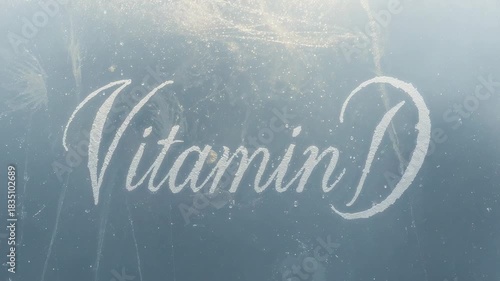 Brightening top light revealing cursive 'Vitamin D' on frosted panel, highlighting dust